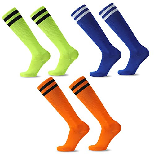 EQLEF Fußballsocken Kinder, Bequeme Dünne Kinder Fußballsocken Atmungsaktive, stylische Fußballsocken für Jungen und Mädchen von 6-10 Jahren (Gelb/Orange/Blau)