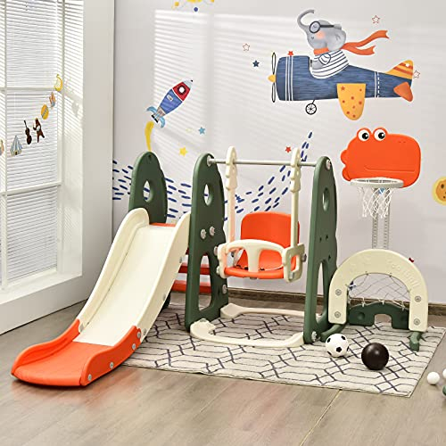 RELAX4LIFE 6 en 1 Tobogán Infantil para Niños, Parque Infantil con Tobogán, Columpio y Canasta Baloncesto, Juego de Toboganes para Niños 18 Meses-5 Años, Casitas Infantiles Interior (Naranja+Verde)