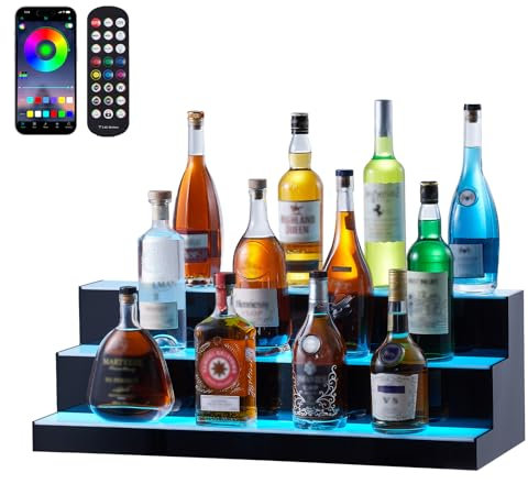 VEVOR Barregal Weinregal, LED-beleuchtetes Hausbarregal mit RF-Fernbedienung und App-Steuerung, 3 stufiges Getränkebeleuchtungsregal aus Acryl, 762 x 300 x 250 mm kommerzielle Weinflaschenständer