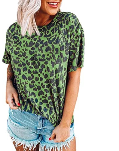 NQyIOS 3D Digital Print Crewneck Personality Fashion Leopard Print Short Sleeves Short Sleeve Tunic Top Green
