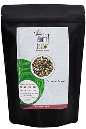 The Exotic Teapot - Supreme Jasmine Pearls Tea, 200g Pouch, Premium Hand-Rolled Green Tea, Scented with Real Jasmine Blossoms