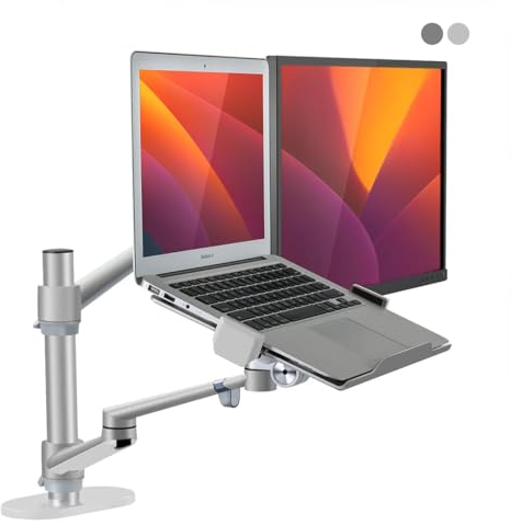 Alberenz® 2-in-1 Laptop- und Monitor Halterung, Verstellbarer Doppelarm-Ständer für 12-17 Laptops und 17-32 Monitore, ergonomisches Design, höhenverstellbar und neigbar, Farbe Silber