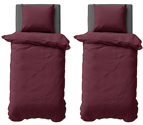 Visaggio Bettwäsche 135x200 cm Mikrofaser Uni Einfarbig 4 teilige Bettbezug Set mit Reißverschluss Bordeaux