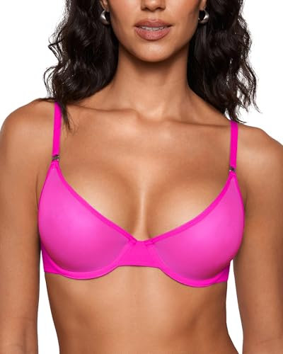 INLYRIC Women's Cosnufy Sheer Bra Unlined Plunge Underwired Mesh Demi See Through Sexy Bras Glitter Rose 34F