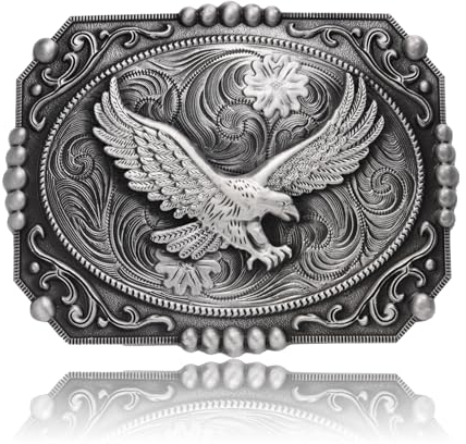 KOORASY Western-Gürtelschnalle für Herren, große Gürtelschnallen, graviert, goldener aufsteigender Adler, große Gürtelschnalle für Cowboy, Rodeo, silber, Large