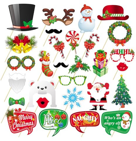 VIKY® 29 STK Fotobox Accessoires Weihnachten, Weihnachtsfeier Foto Requisiten, Weihnachts Accessoires Fotobox Requisiten, Weihnachts Dekoration, Xmas Party Zubehör für Silvester, Geburtstag, Hochzeit