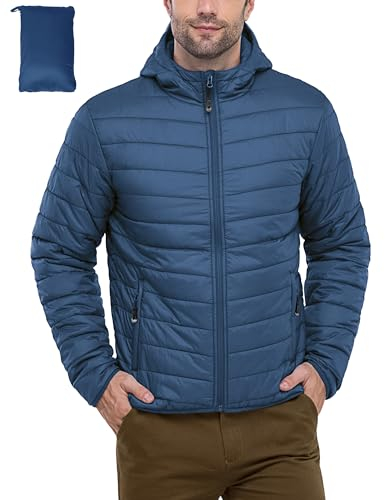 33,000ft Herren Leichte Steppjacke Outdoor Wasserbeständige Übergangsjacke Warme Winterjacke für Männer, Kapuze Wintermäntel Pufferjacke Verstaubar Navy Blau XL