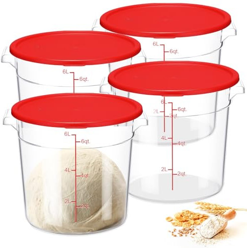 Suclain Frischhaltedosen mit Deckel, rund, transparent, kommerzielle Behälter mit Waage und Griffen, für Brot, Teig, Zuhause, Restaurant, Lebensmittelaufbewahrung, Rot, 4 Stück