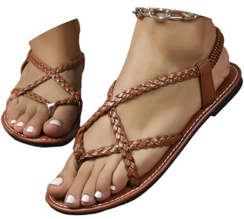 shownicer Sandales Femme d'été Sandales Strass Plate Bout Ouvert en Sexy Brillant Flip Flop Boho Romaines Sandale Confortables Chaussures Nu-Pieds De Loisirs Plage E Marron 39