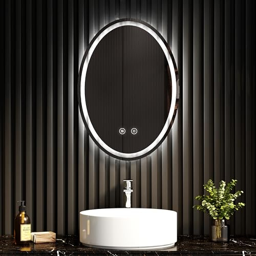 EMKE Badspiegel mit Beleuchtung 50x70cm Led Spiegel Oval mit 3 Lichtfarbe dimmbar, Antibeschlag, Speicherfunktion, Touch IP44 Badezimmerspiegel mit Beleuchtung Horizontal/Vertikal
