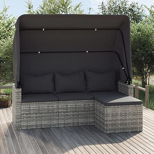 Chaduof 3-Sitzer-Gartensofa mit Dach und Fußhocker, Lounge Gartenmöbel, Gartenlounge, Loungemöbel, Balkon Lounge, Sitzecke Balkon, Sitzlounge Garten, Grau Poly Rattan