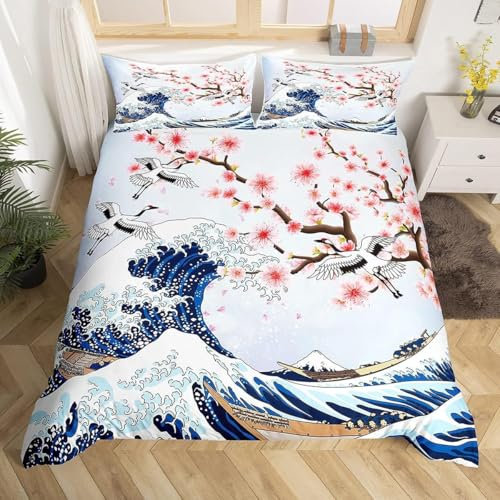 Homemissing Fleur de Cerisier Parure de Lit Grue Chic Enfants Housse de Couette 140x200cm Femmes décoration Vague Sets de Housse de Couette Rose Ukiyo - e Japonais Ensemble de literie