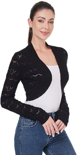 AmélieBoutik Women Long Sleeve Lightweight Cable Knit Hollow Out Cropped Cardigan Open Front Bolero Shrug, Black, L