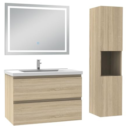 AICA Ensemble Meuble Salle de Bain 80cm avec Colonne et Miroir 3 Couleurs Chêne Wotan