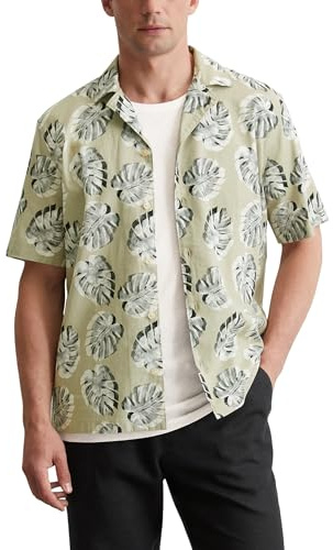 Marc O'Polo Herren Kurzarmhemd aus Leinen-Baumwoll-Mix mit Allover-Print, Beige (Multi/Pure Cashmere), L