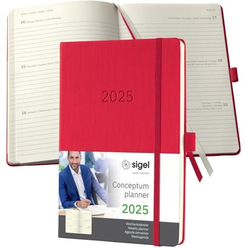 Wochenkalender Conceptum A5 2025 rot - SIGEL - 1 Woche auf 2 Seiten - Terminplaner Hardcover mit Stiftschlaufe, Quickpocket, Archivtasche, 2 Zeichenbänder und Stickerbogen - 14,8 cm x 21,3 cm