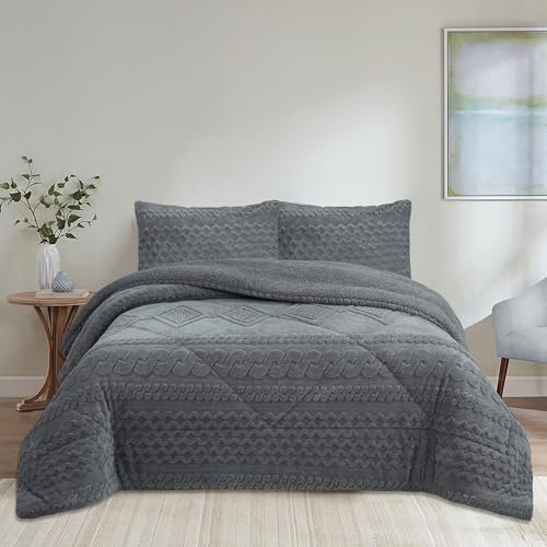 NH NOVOTEXTIL HOGAR Edredón Invierno Sherpa Cama 135 (230x260) Extra Grueso 560gr/m2 Efecto Borreguito - Edredón Suave, Cálido y Transpirable con 2 Fundas Almohada (50x70) (Jarkov Gris)