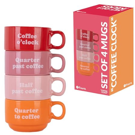 Fisura – Juego de tazas originales “coffee clock ”.Tazas blancas con frases. Tazas originales con mensaje para regalar. Juego 4 tazas de cerámica graciosas