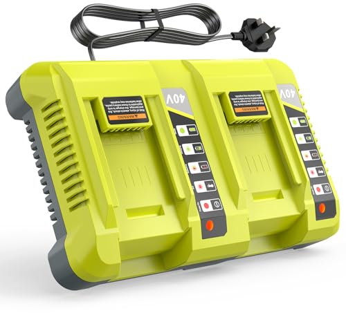 LabTEC Battery Charger for Ryobi OP401 Dual Port, 40V Lithium Battery Compatible with OP4015 OP4026 OP4040 OP4050, 40 Volt Ryobi Battery Replacement Charger (UK Plug)