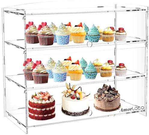 AmorLoco 3-stöckige Bäckerei-Vitrine, transparente Acryl-Vitrine, kommerzielle Arbeitsplatte, Sandwiches, Brot-Aufbewahrungsbox, Donuts, Käse, Kekse, Kekse, Cupcake-Ständer, Organizer