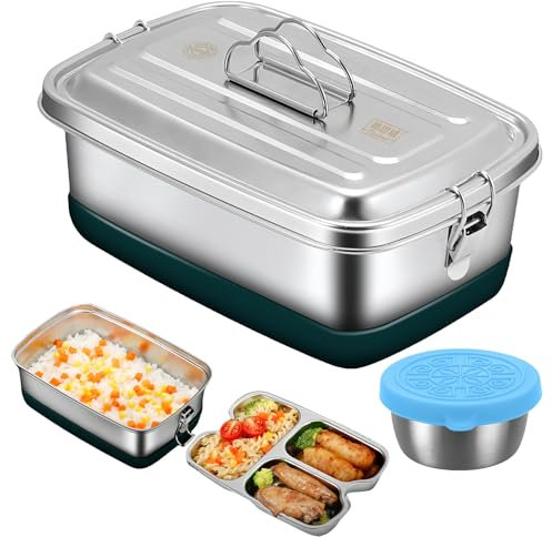 PORFOYO Lunch Box Inox, 2000ml Bento Lunch Box, Boite Inox Alimentaire Hermétique, Micro Ondable, Boite Repas Compartiment Facile à Nettoyer pour Bureau, École, Enfant et Adulte, 3 Grilles