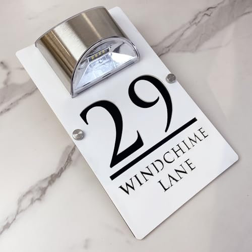 Personalised Solar LED House Number Sign – Custom Illuminated Door Plaque with Laser Engraving – Waterproof Acrylic Address Plate – Auto ON at Night for Home Wall, Fence or Gate (White black)