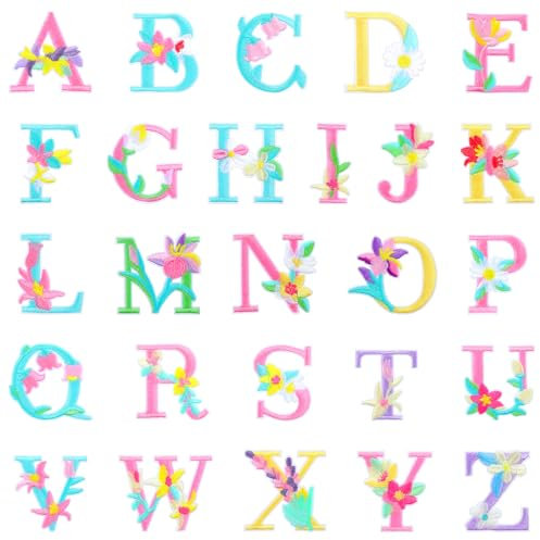 52 Pcs Flowers Iron on Letter Patches A-Z Iron on Letters Colorful Flower Name Letter Patches Embroidered Cute Flowers Sew on Letters Patche for Clothing Shirts Jackets Hats Jeans Backpacks DIY Crafts