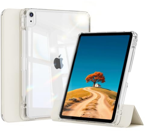 KTGGHG Case for iPad Air 11 8th/7th/6th Gen, 10.9 5/4th Gen, White Cream | Detachable Sliding Cover, Clear Hard Back Shell, Auto Wake/Sleep, Pencil Holder, Two perspectives, Supports Touch ID