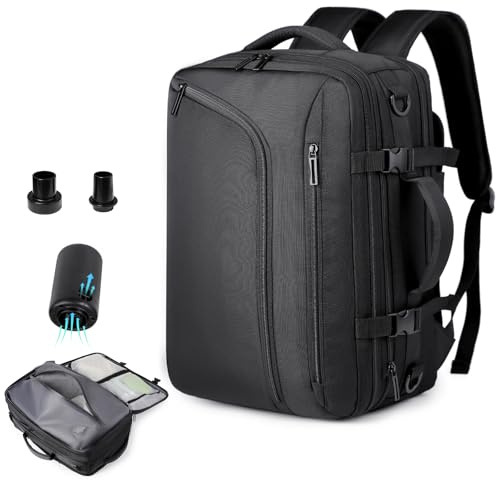 FormiPow Vakuum Rucksack Handgepäck, Backpack Travel Airbag 36-55L Mit Pump | Rucksack 46x32x16CM, Erweiterbarer Reiserucksack, für Flugzeug Tasche Herren und Damen Vacpack Koffer, Schwarz A