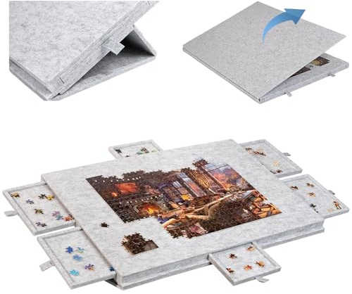 1000 Pieces Jigsaw Puzzle Table with 6 Sorting Drawers, Lightweight Felt Puzzle Board with Adjustable Stand & Dust Cover, Portable Tilting Puzzle Plateau for Adults (Light Gray)