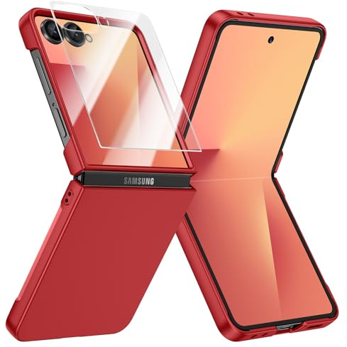 Doeshine Coque pour Samsung Galaxy Z Flip 7 Ultra Mince, [Verre Trempé Protection Écran], Hard PC, Antichoc Anti-Rayures Bumper Protection Etui Housse Case Cover Z Flip 7 5G 2025 (Rouge)