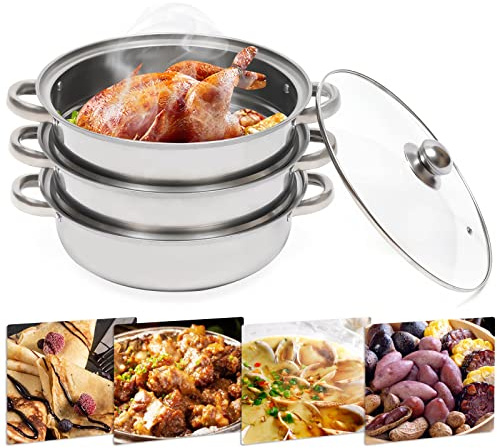 KumuJ Edelstahl Dampfgarer Topf 28cm, 3-Etagen Dampfgarer mit Glasdeckel, Schongarer für Gas-, Elektro-, Induktionsherde