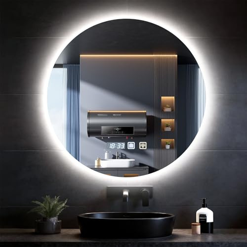 wowspeed Badspiegel Rund mit Beleuchtung 60 * 60cm, Doppelring-Design, Badspiegel Rund Beleuchtet mit Uhr, LED, Dimmbar, 3 Lichtfarben, Entfogging, Memory of Light, Spiegel mit Beleuchtung Bad