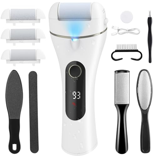 Electric Foot File Hard Skin Remover, Wolady Rechargeable Waterproof Callus Remover Foot Care,3 Adjustable Speeds, Professional Pedicure Tools Set for Dry Dead Skin/Feet Cracked Heels Calluses(White)