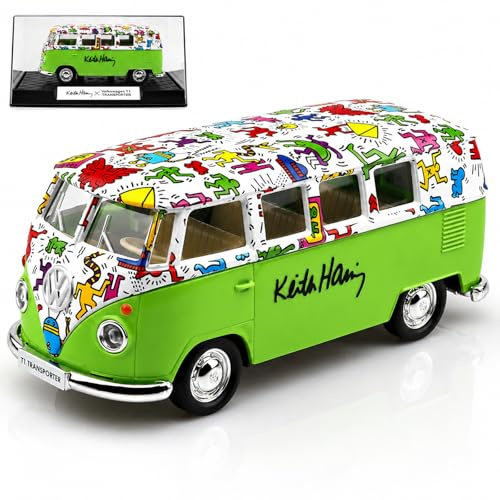 TOKAXI VW T1 Transporter Modellauto 1:36, Keith Haring Edition mit Vitrinenbox, Die-Cast Sammlermodell, Türen zum Öffnen, Kunstvolles Graffiti-Design, Geschenk für Kinder und Auto-Fans