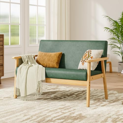 Dripex Canapé 2 places, moderne et scandinave, canapé de salon en bois et cuir synthétique, canapé rembourré pour salon, chambre à coucher, bureau, vert foncé, 107 x 60 x 77 cm