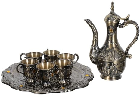 JEWEDECO Set da Tè Marocchino Vintage in Lega di Zinco con Teiera Decorativa e 6 Tazze da Caffè, Design Elegante Retrò per Riunioni e Uso Domestico