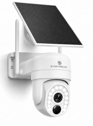 SYMYNELEC 2.4/5GHz Solar Security Camera Wireless Outdoor, 100% Wire-Free | No Monthly Fee, 360° Pan/Tilt, 2K Night Vision, Person Detection, 2-Way Talk Siren Spotlight Waterproof Cloud/SD Storage