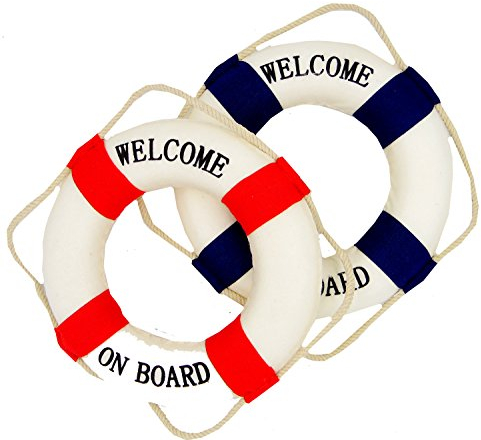 2 Maritime Deko Rettungsringe Welcome on Bord blau/Weiss und rot/Weiss- Fischernetzdekoration - Meeresdekoration - Maritime Dekoration - 14cm Durchmesser je Ring - Styropor mit Baumwollüberzug