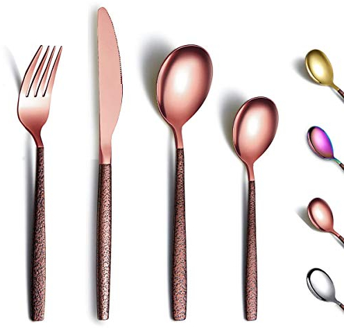 Berglander Besteck Set 24 Stück mit Mondoberfläche Griff und glänzendem Roségold Mund Titanbeschichtung, Edelstahl Kupfer Modernes Besteck Set Utensilien Set Service für 6