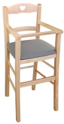 Hochstuhl aus Naturholz mit gepolsterter Sitzfläche aus grauem Kunstleder