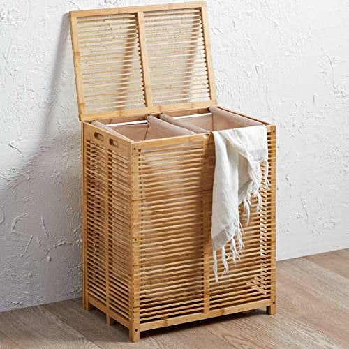 Bakaji Panier à linge porte en bambou avec tissu gris porte-linge maison salle de bain avec 2 compartiments rangement avec couvercle