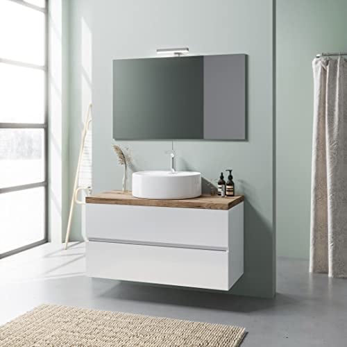 Kiamami Valentina Mobile bagno sospeso 100cm bianco con top rovere e lavabo a ciotola in ceramica