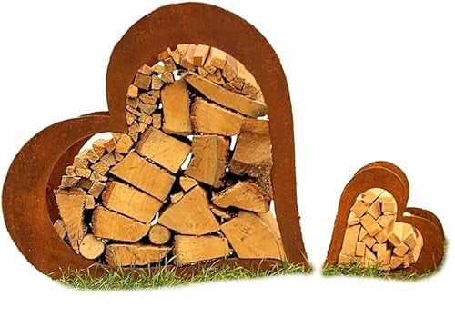 D&L Lasertec Herz aus Metall - Herz für Kaminholz - Regal aus Rost Edelrost Holzregal für Garten Terrasse - Herz liegend L Plus Gratis XS Herz