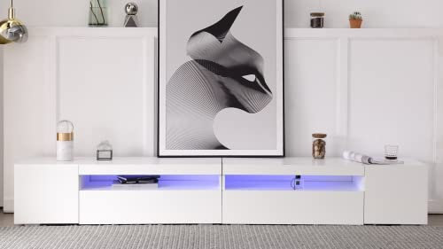 Moimhear Mueble de TV blanco moderno, panel brillante, iluminación LED variable, salón y comedor 240 cm, WF297451452WAA