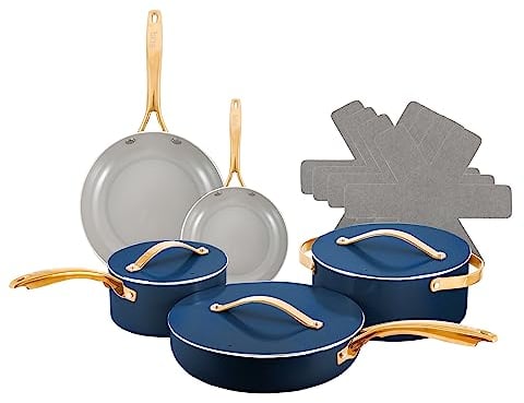 TAAZZMART Ceramic Nonstick Cookware Set Pots and Pans with Lids (12 pcs) Aluminum Oven and Dishwasher Safe (Blue-TM Set)