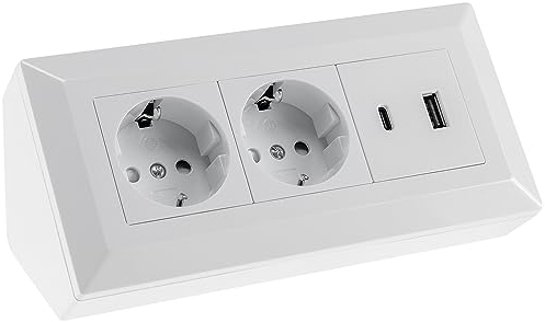 Eck-Steckdose Aufbaumontage Schuko, für Küche, Büro, Werkstatt. Steckdosenleiste ideal für Küchen-Arbeitsplatte, Aufbausteckdose oder Unterbausteckdose - ohne Kabel (2 schuko, USB A + C, weiß)