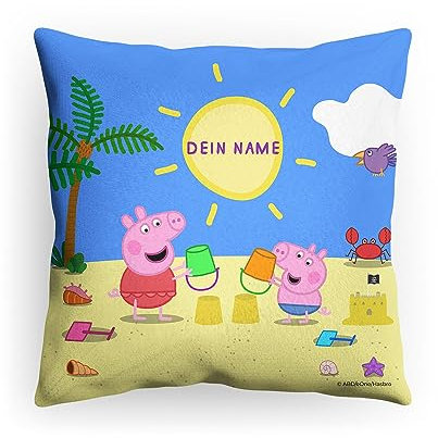 PICANOVA Peppa Wutz Kissen mit Name - Weiches Plüsch Dekokissen mit Füllung - Personalisiertes Peppa Wutz Kopfkissen für Kinder - Individuell Geschenk für Kinder - George am Strand - 40x40cm