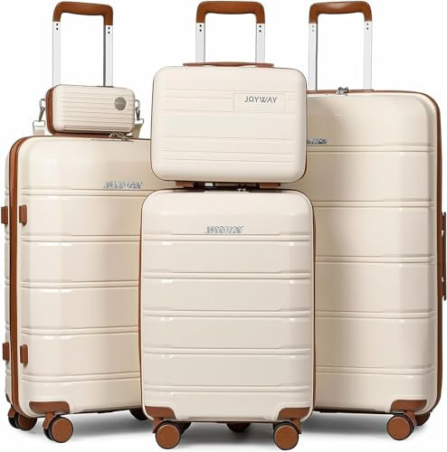 Joyway Kofferset 5tlg Hartschale mit 4 Rollen und TSA-Schloss Der Gepäcksets Enthält 1 Kosmetikkoffer und 1 Tragbare Tasche Weiß/Braun