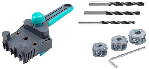 wolfcraft Meisterdübler Universal-Dübelhilfe 4640000 / Praktische Dübelhilfe & Projekt- Set Tiefenstopps + Holzbohrer I 8639000